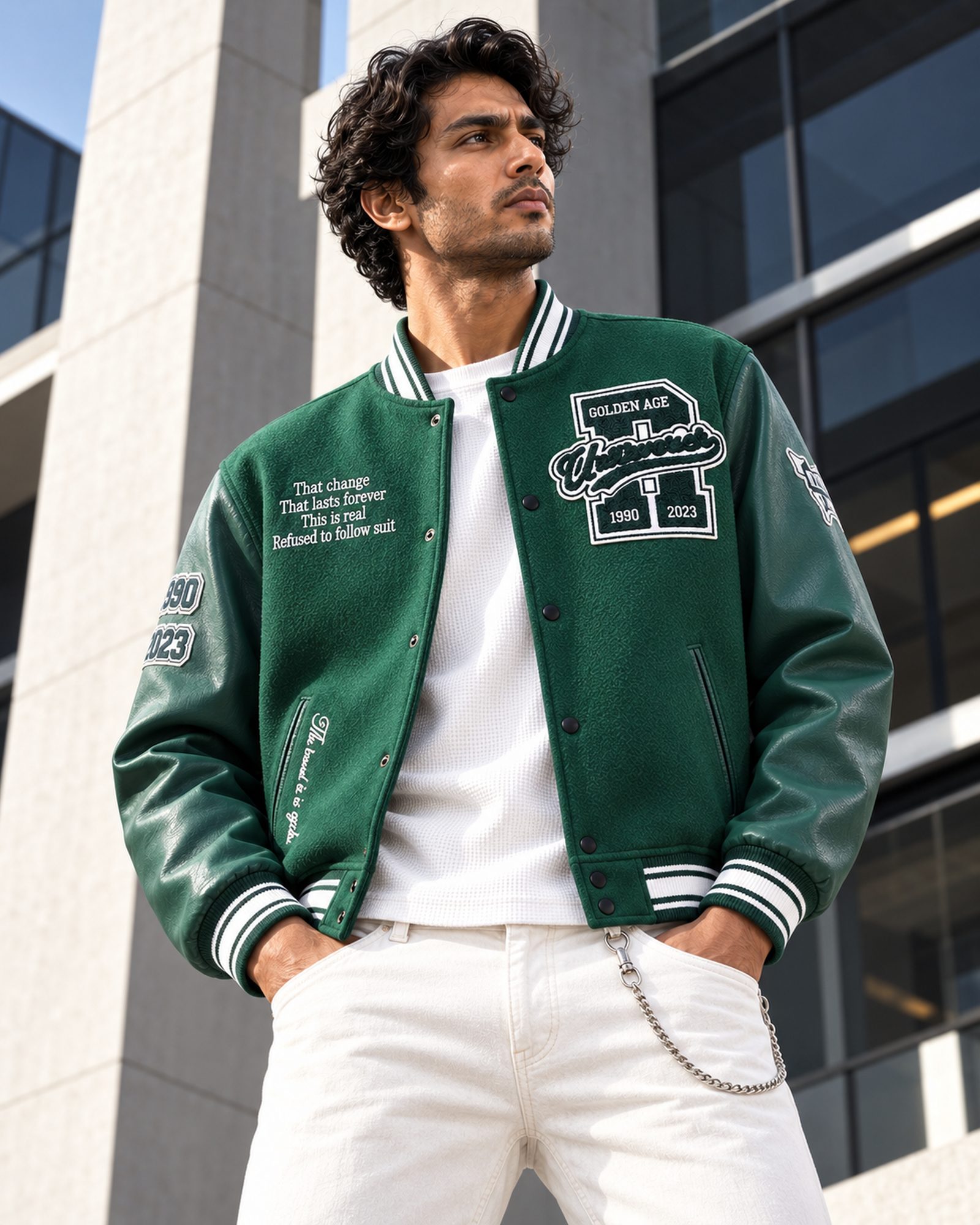 Model in a green varsity jacket outdoors